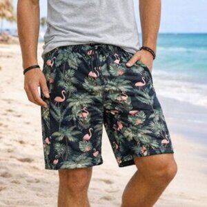Burnside Flamingo and Palm Lounge Cotton Stretch Fleeced Shorts waist 36 NWOT